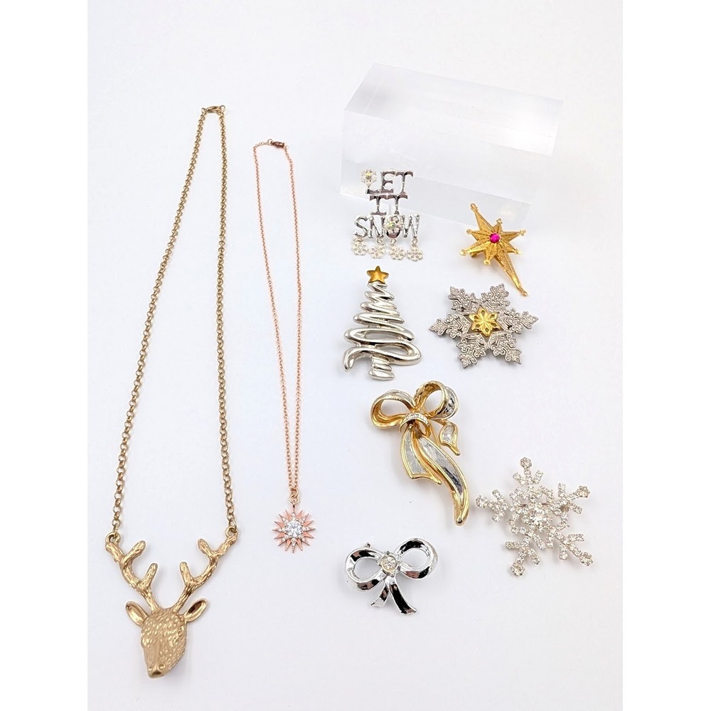 VTG Holiday Jewelry Lot Brooch Necklace‎ Silver Gold Tone Rhinestones